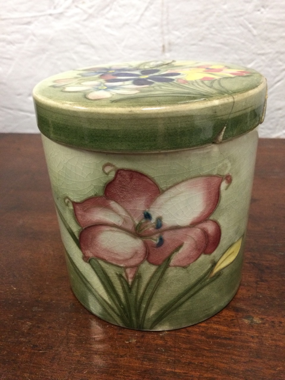 A Moorcroft tube lined floral jar & cover - lid repaired; a porcelain matchbox cover decorated - Image 3 of 3