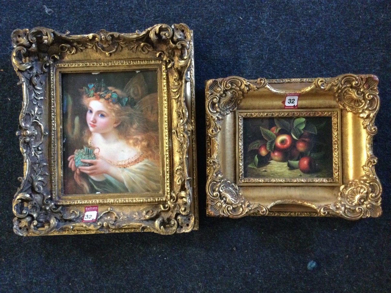 Oil on board, still life with apples on shelf, in ornate scrolled gilt frame; and a gilt framed