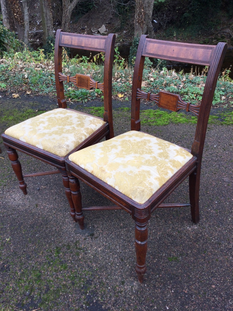 A near pair of nineteenth century mahogany dining chairs with tablet back rails framed by fluted - Image 3 of 3