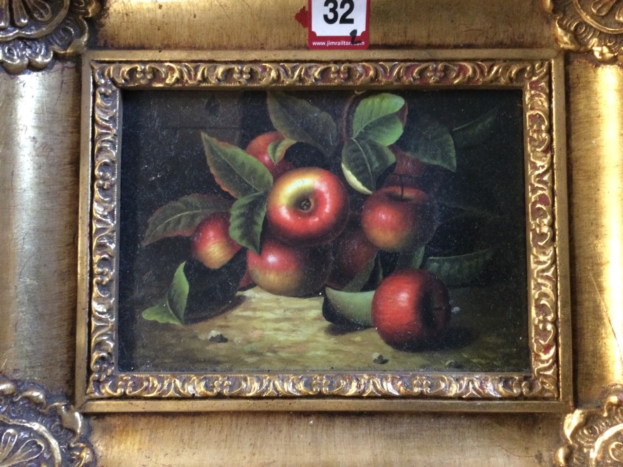 Oil on board, still life with apples on shelf, in ornate scrolled gilt frame; and a gilt framed - Image 3 of 3