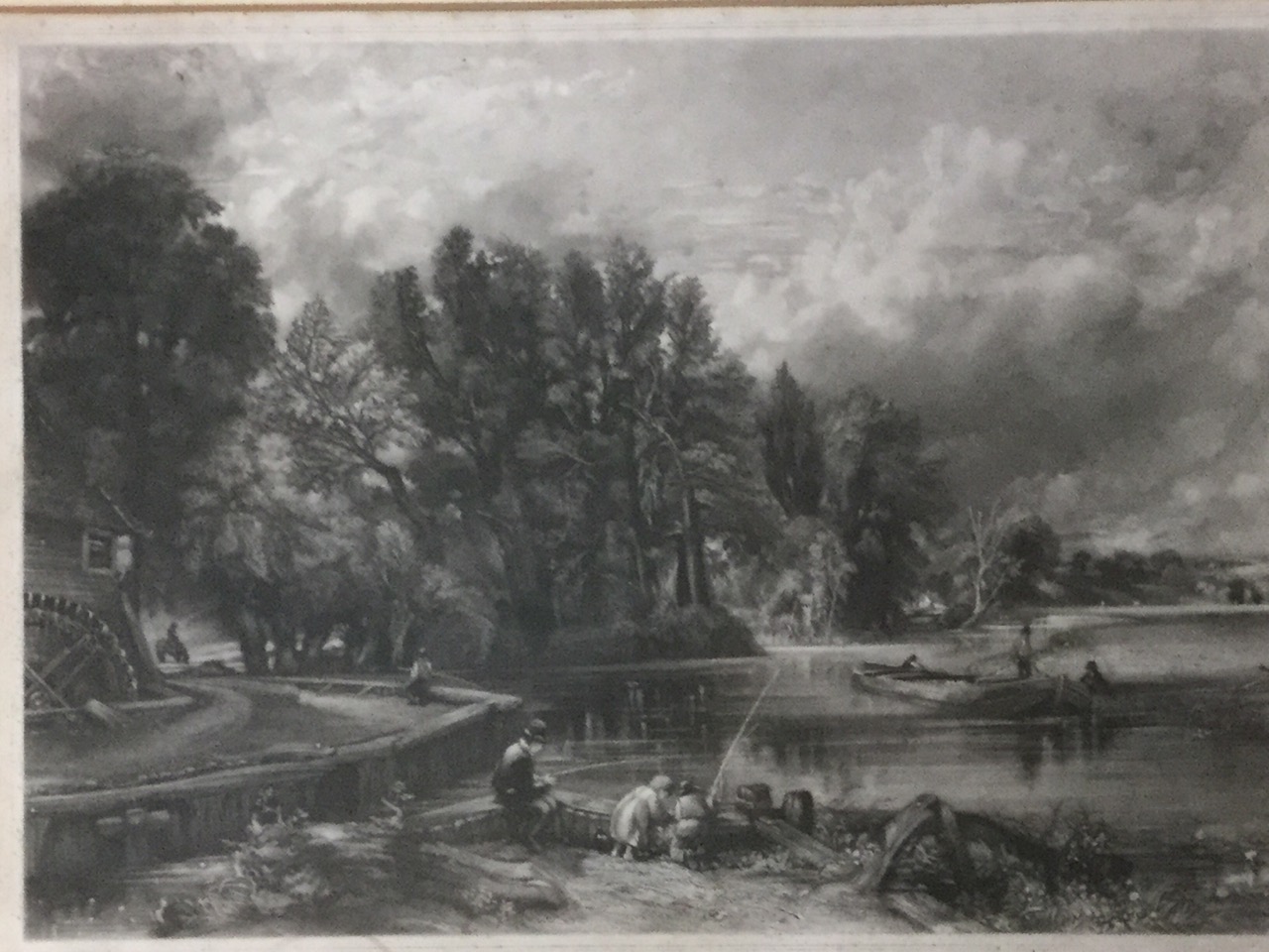 A framed nineteenth century monochrome print after Lee, with figures working with treetrunk in river - Image 3 of 3