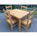A reproduction table & chair set, the table with grooved top on square column legs, the four