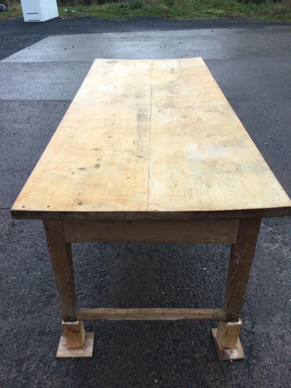 A Victorian kitchen table, the rectangular two plank chestnut top on dowel jointed pine base with - Image 2 of 3