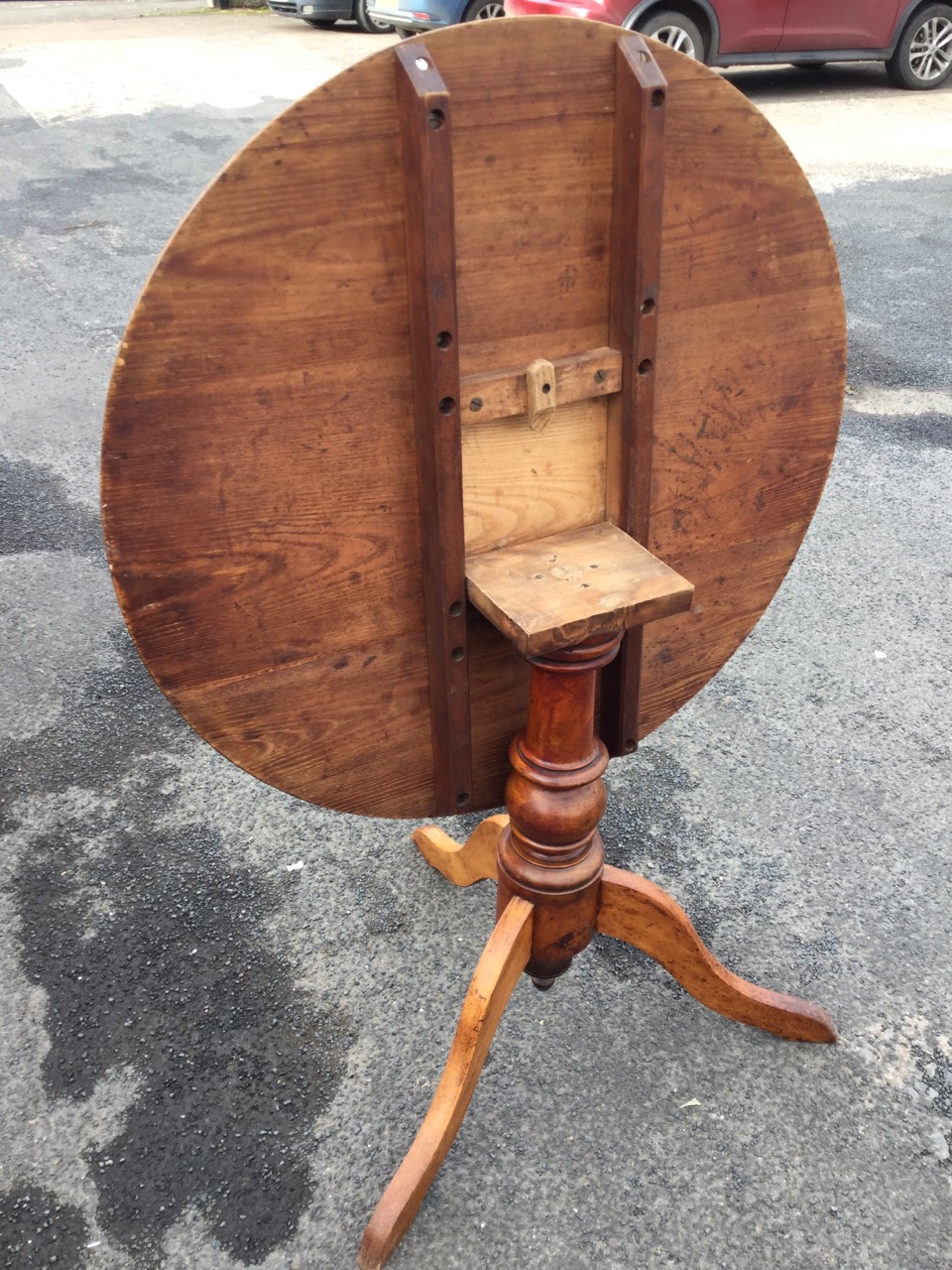 A circular nineteenth century pedestal table with oak top on hardwood turned column base with - Image 2 of 3