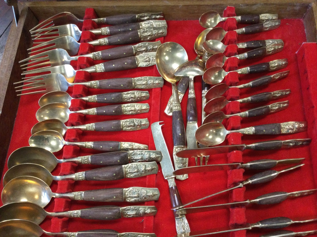 Two cased sets of eastern brass cutlery, the boxes each with trays, the pieces having embossed - Image 2 of 3