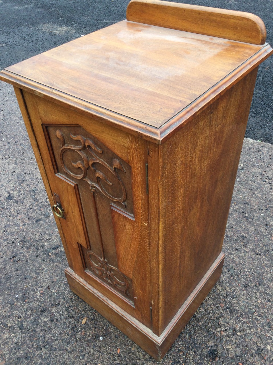 An art nouveau mahogany pot cupboard with moulded top above a scroll carved panelled door mounted - Image 3 of 3