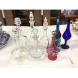 Five miscellaneous cut glass decanters & stoppers - faceted, acorn & oakleaf engraved, mallet shape,