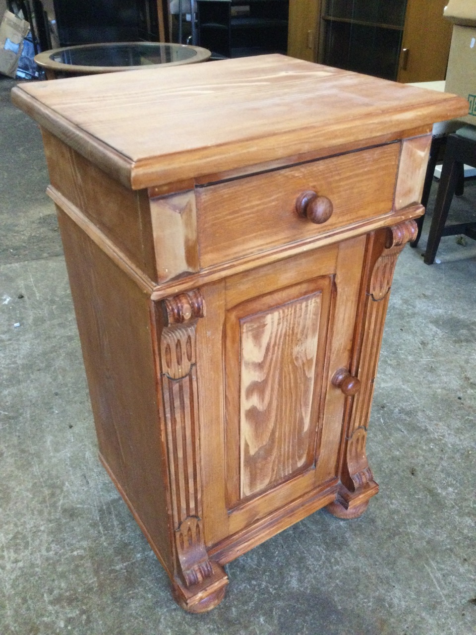 A small pine cupboard with moulded top above a drawer, having fielded panelled door below flanked by - Image 3 of 3