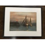 Harold Auerbach, watercolour, moonlit sailing boats off harbour pier, signed, mounted & framed. (