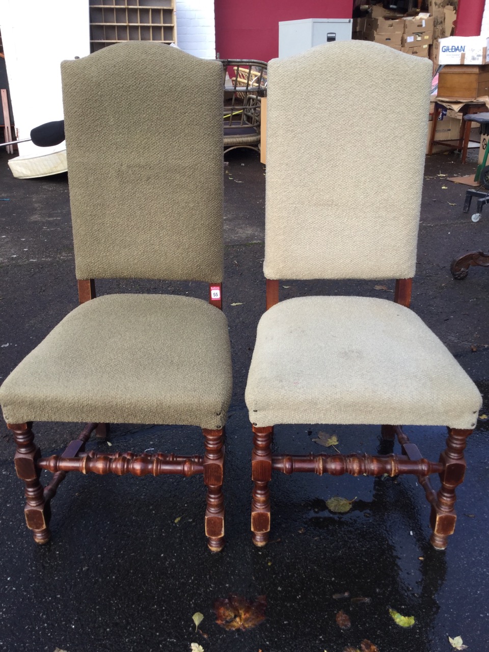 A pair of Queen Anne style upholstered hall chairs, with tall arched backs above sprung seats, - Image 2 of 3