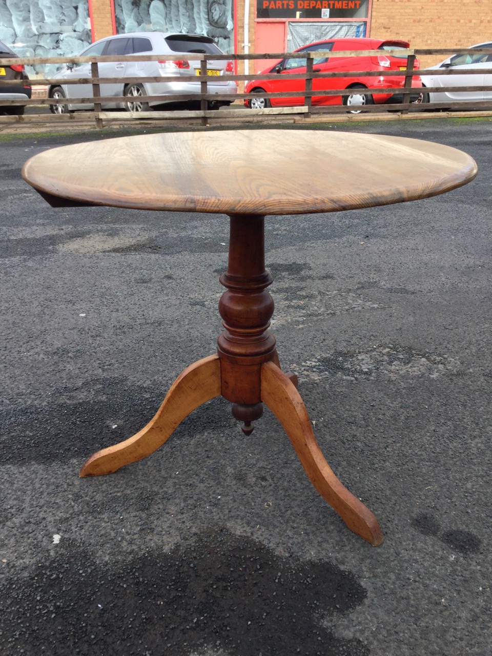 A circular nineteenth century pedestal table with oak top on hardwood turned column base with - Image 3 of 3