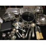Miscellaneous silver plate including two rectangular turrines & covers, cased sets of teaspoons, a