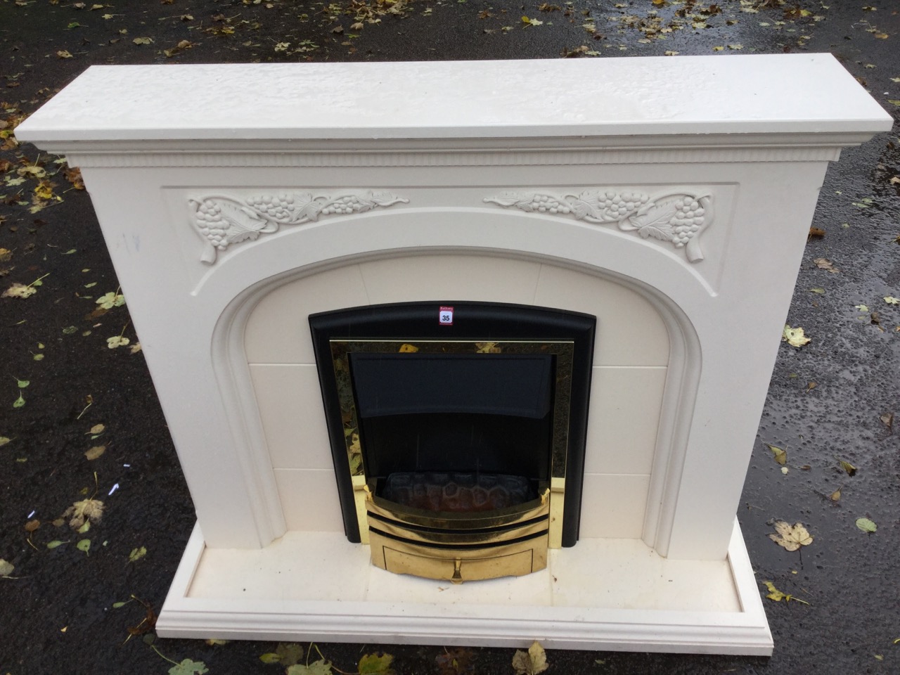 A contemporary painted chimneypiece, the mantelpiece with dentil cornice above vine moulded - Image 2 of 3