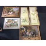 A pair of framed woolwork tapestry pictures depicting agricultural horses & carts; and another of