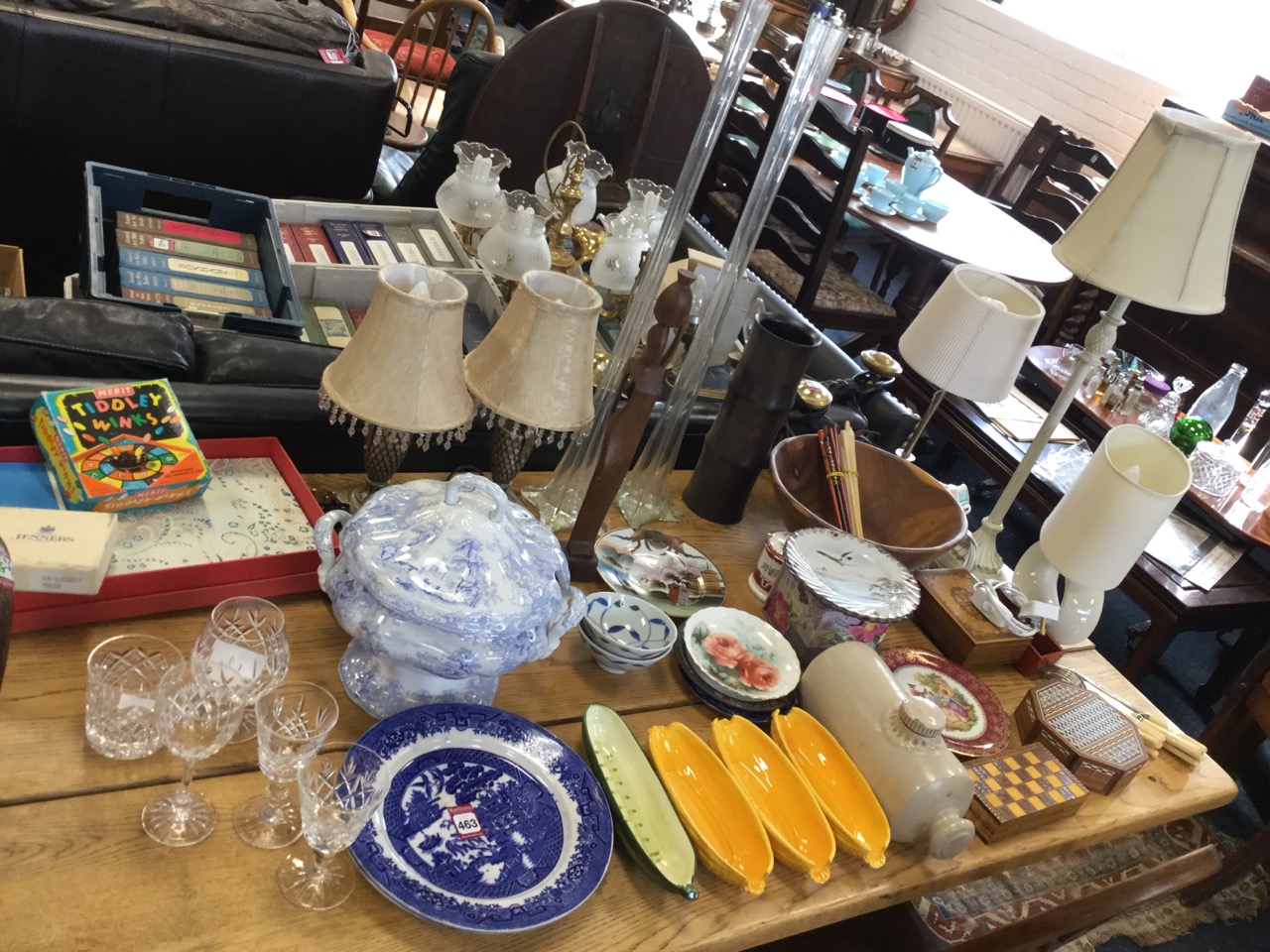 Miscellaneous ceramics, glass, treen, etc., including inlaid boxes, bowls, a Victorian blue &