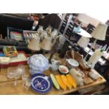 Miscellaneous ceramics, glass, treen, etc., including inlaid boxes, bowls, a Victorian blue &