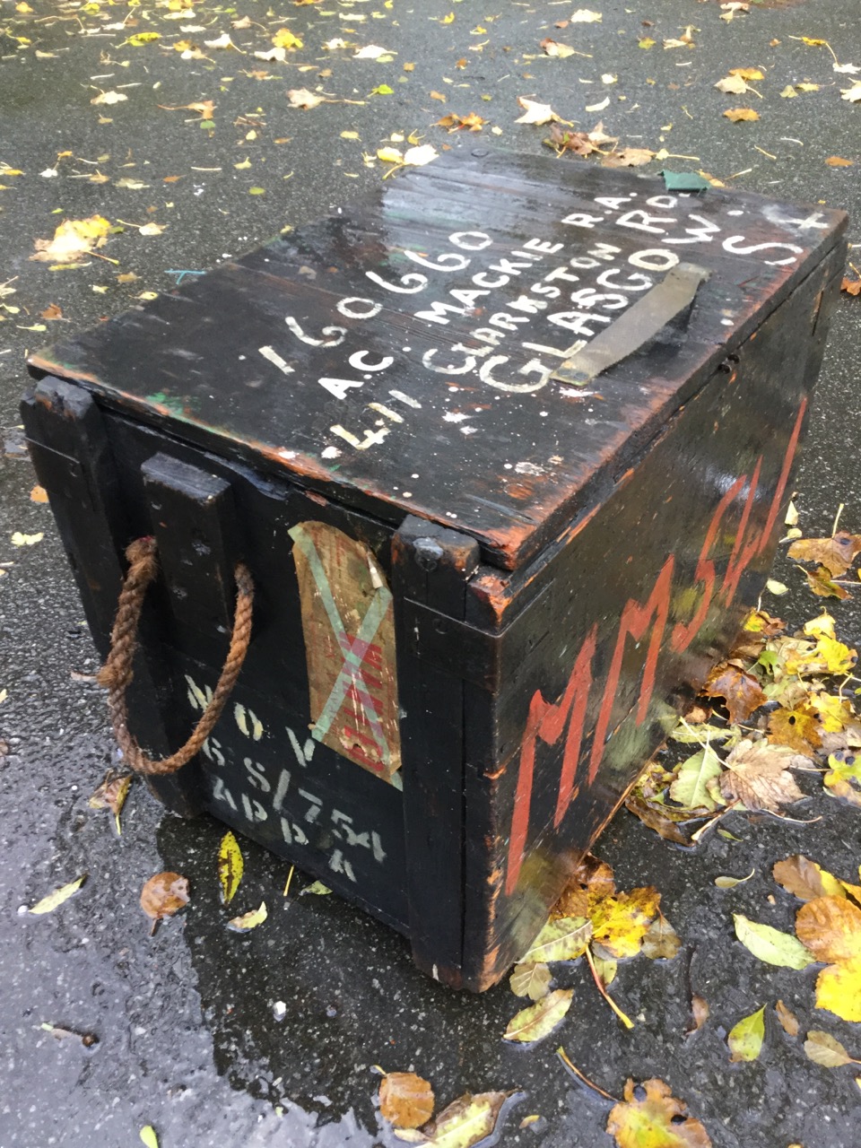 A painted wartime ammo box with lined interior, mounted with rope handles. (24in x 16in x 20in) - Image 3 of 3