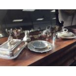 Miscellaneous Victorian silver plate including large tureens & covers, salvers, an oval teapot,