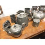 Miscellaneous pewter including tankards, teapots, a tubular pot & cover, gill measures, a