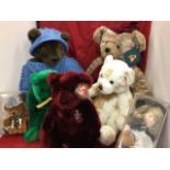 A collection of soft toys - a Harrods 1999 Christmas bear, another bear, three Beany Cuddly bears, a