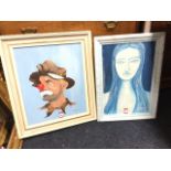 Corin Richardson, oil on board, study of a clown, signed & framed; and J Dyson, oil on board, blue