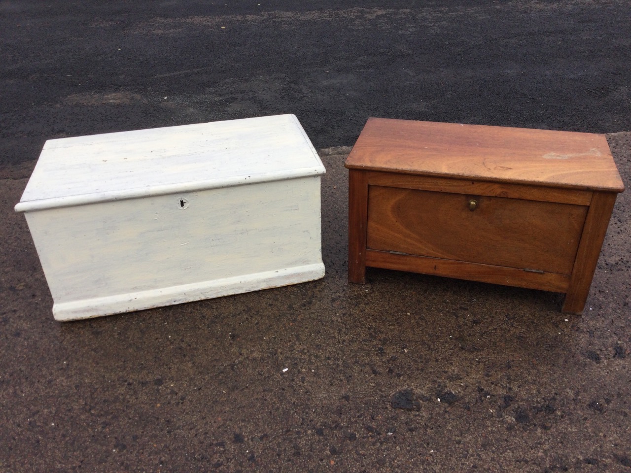 A Victorian painted pine blanket box, the interior with candlebox and small drawer, raised on