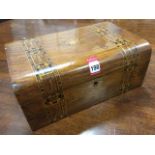 A Victorian walnut sewing box decorated with tonbridge banding and diamond shaped escutcheons, the