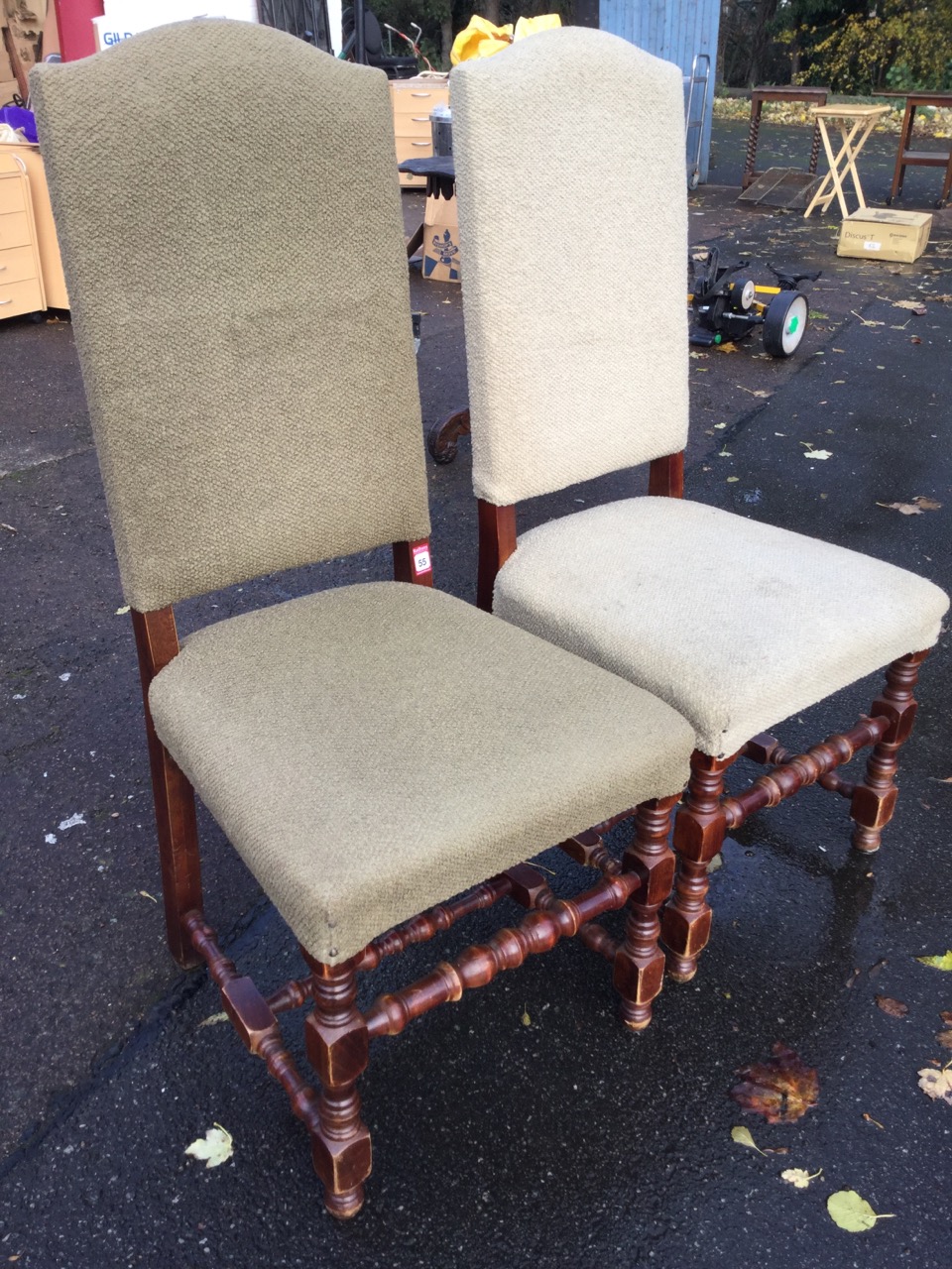 A pair of Queen Anne style upholstered hall chairs, with tall arched backs above sprung seats, - Image 3 of 3