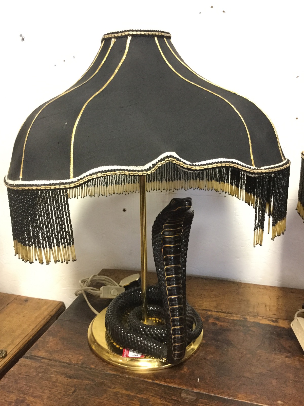 A pair of brass tablelamps with square black beaded shades above black & gilt glazed porcelain - Image 3 of 3