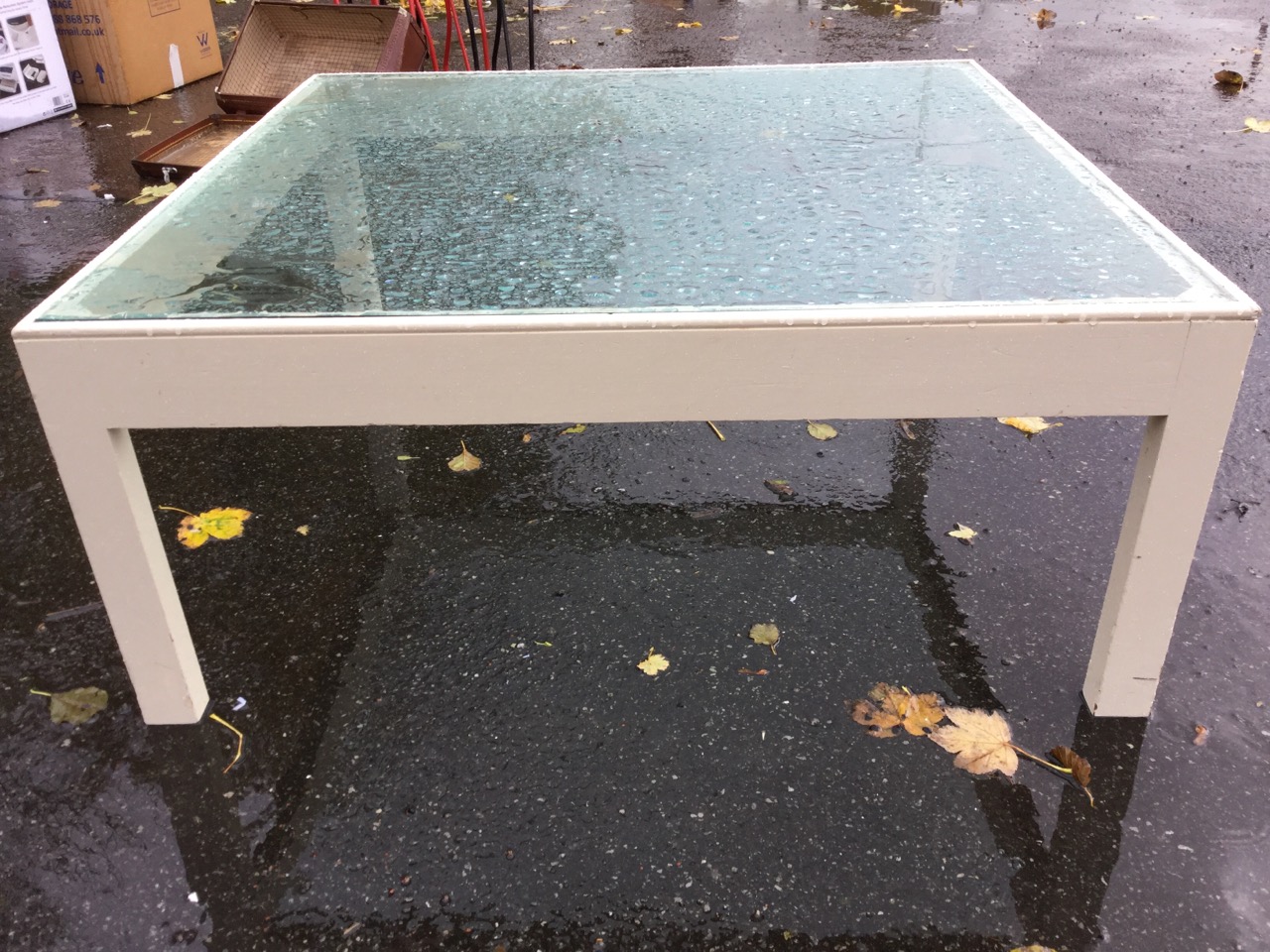 A large painted coffee table with plate glass top on square chamfered column legs. (37in x 35in x - Image 3 of 3