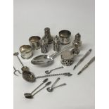A mixed group of silver and white metal to include: pair of late Victorian silver pepperettes with