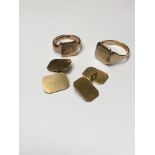 9ct gold signet ring, one other gilt metal signet ring and pair 9ct gold cufflinks