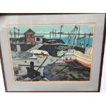 Fumio Kitaoka (1918-2007) wood block print - Harbour scene, signed and numbered