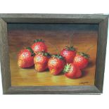 Tom Caspers, oil on canvas laid on board - still life of strawberries, signed, framed, 19cm x 26cm