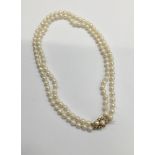 Cultured pearl two strand necklace with two strings of 7mm diameter cultured pearls on a gold clasp,