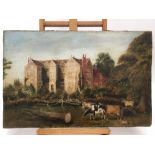 19th Naive School oil on board - cattle grazing in the grounds of a country house, unframed