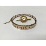 Victorian yellow metal bangle set with rubies and rose cut diamonds, together with Victorian bar