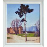 David Britton, contemporary, oil on board - Pine at Snape Maltings, signed, framed, 69cm x 58cm