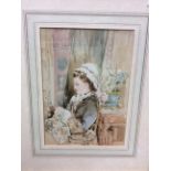 English School watercolour- 19th century lady at a window