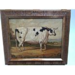 J. Box, oil on canvas laid on board - a prize horned bull, in gilt frame, 20cm x 25cm