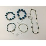 Four freshwater cultured pearl and turquoise bead bracelets and similar necklace