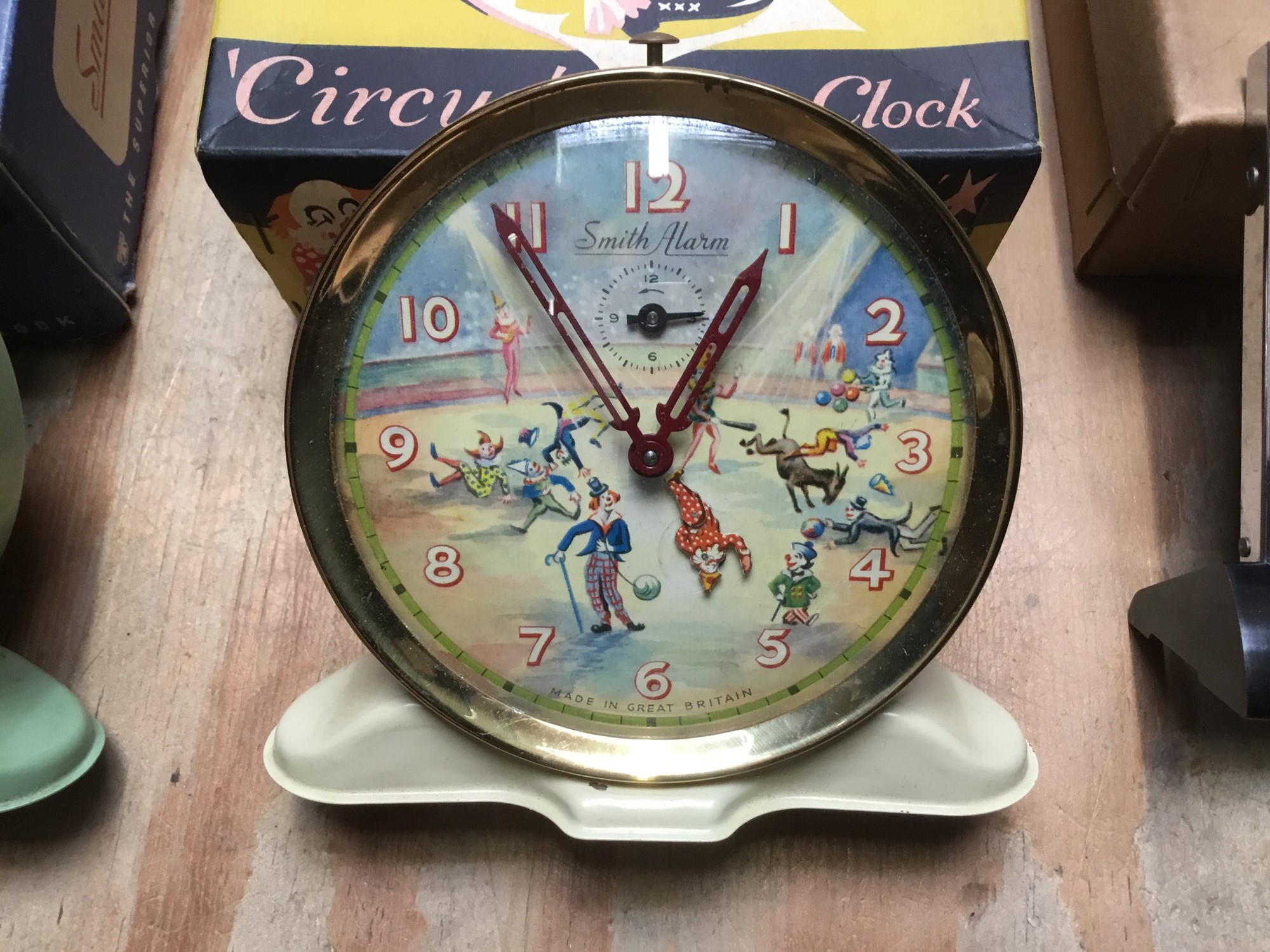 Three vintage Smiths clocks to include ‘Circus’ alarm clock, cowboy and country side scene, all - Image 2 of 4