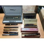 Parker Duofold fountain pen in presentation box plus a selection of various fountain pens and