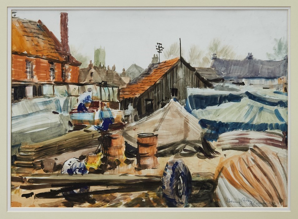 Harry Arthur Riley (1895-1966) mixed media on paper Woodbridge Boatyard