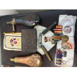 First World War Princess Mary gift tin, medals, silk commemoratives ,two powder flasks and sundries