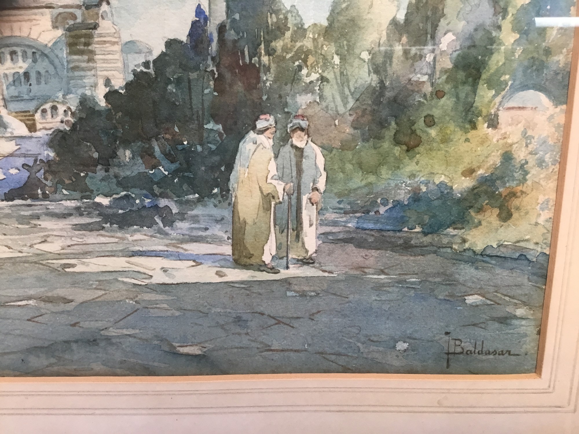 T Baldasar late 19th/early 20th century - Watercolour figures before a mosque - Image 2 of 3