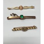 Victorian 15ct gold and seed pearl star and crescent moon bar brooch and two other brooches
