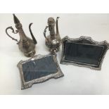 Pair silver photo frames and pair Islamic plated rose water pots