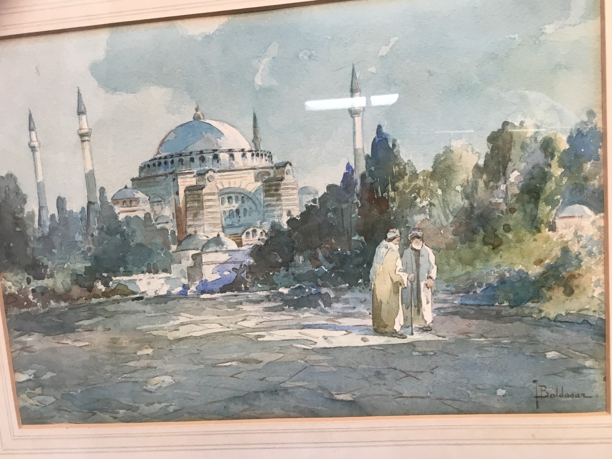 T Baldasar late 19th/early 20th century - Watercolour figures before a mosque