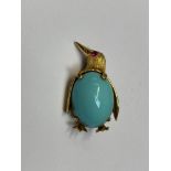Gold and turquoise penguin brooch